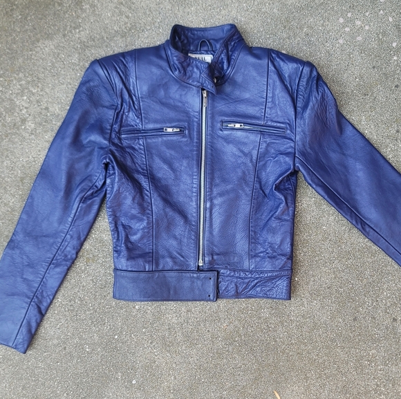 Vtg Blue Leather Moto Jacket - Picture 1 of 7